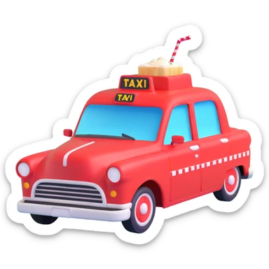 A red taxi cab with a soda fountain on top sticker