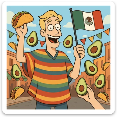 playful cartoon of a tall white American with blonde hair, colorful poncho, smiling, holding taco and avocado, waving Mexico flag, surrounded by tacos and avocados, street party scene sticker