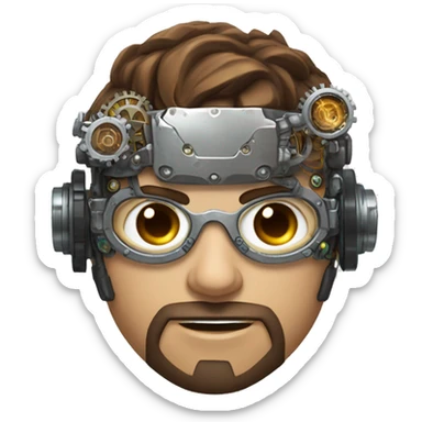 male cyborg head with brown short hair, brown beard, silver steampunk goggles and circuitry sticker