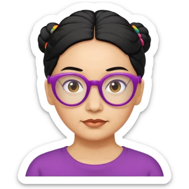 light skin middle aged with low bun in black hair with colorful glasses sticker