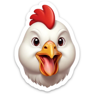 Cinematic Comical White Chicken Portrait Emoji, Head tilted dramatically with an exaggeratedly shocked or amused expression, featuring a sleek, immaculate white plumage with a prominent red comb, wide, expressive beady eyes filled with playful disbelief, Simplified yet hilariously expressive features, highly detailed, glowing with a slightly sassy glow, high shine, dramatic yet playful, stylized with an air of cheeky mischief, bright and endearing, soft glowing outline, capturing the essence of a spirited and over-the-top chicken, so meme-worthy it feels like it could cluck its way into internet fame instantly! sticker