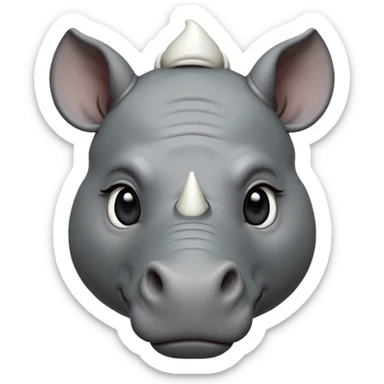 cinematic-noble-cute-young rhinoceros-portrait-emoji,slate-grey-hide-poised-and-regal,-with-a-massive,-powerful-build-and-a-thick,--deep-set-soulful-piercing-eyes,-simplified-yet-sharp-and-sophisticated-features,-highly-detailed,-large-black-eyes, white horn, front facing, zoomed out showing shoulders sticker
