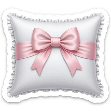 White silk pillow with ruffles and light pink bow sticker