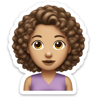 curly medium length brunette hair, white women holding a cute yorkie dog sticker