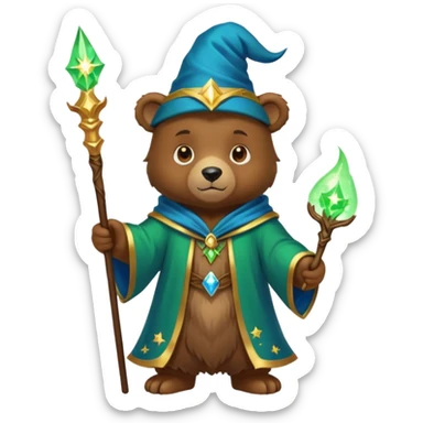 A young bear wizard with a glowing green spell, golden staff and starry blue robes sticker