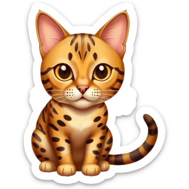 Cinematic Bengal Cat Portrait Emoji, Elegant and striking, sleek spotted brown and gold tones, Simplified yet sharp features, highly detailed, glowing with a warm, confident glow, high shine, playful and curious, stylized with an air of grace, focused and attentive, soft glowing outline, capturing the essence of agility and confidence, so lifelike it feels as though it could spring into motion at any moment! sticker