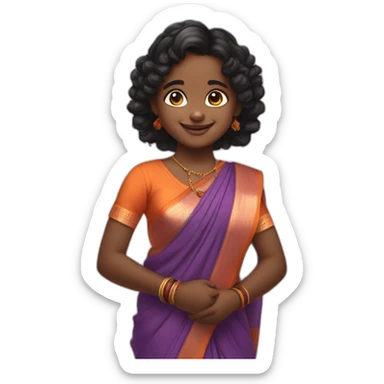 smiling and pointing 3 years old dark skin indian girl with black curly hair in pigtails wearing a orange saree sticker