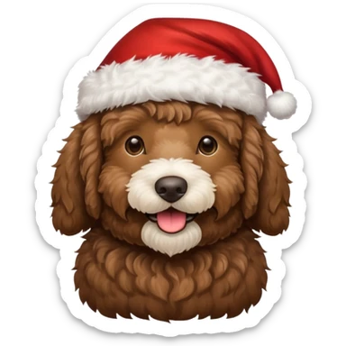 dark brown goldendoodle smiling with a Santa hat sticker