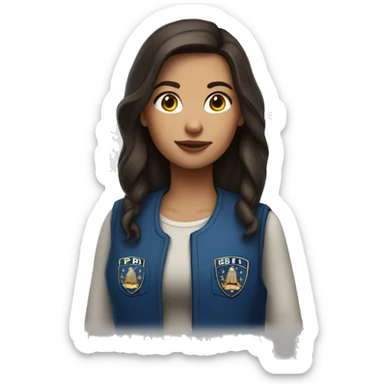 brunette girl wearing a blue vest that says FBI sticker