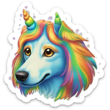 Multicolored rainbow retro groovy tie dye hippie trippy floral patterns on a metallic holographic iridescent blue dog face head unicorn sticker