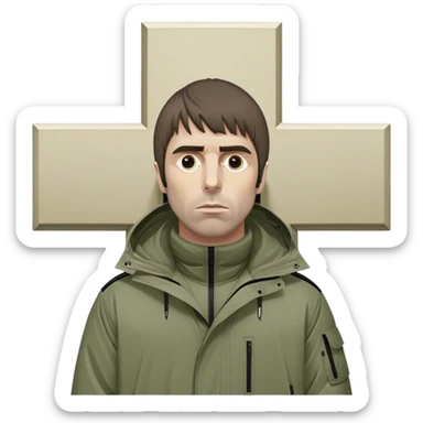 Liam Gallagher on cross like Jesus but with a parka and adidas sticker