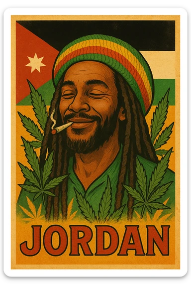 A digital vintage-style poster illustration of a Jordanian Rasta man with dreadlocks, wearing a red, yellow, green striped tam hat. He is smiling peacefully with a lit herbal spliff in his mouth. The background features the official Jordan flag — black, white, green horizontal stripes with a red triangle and a white 7-point star — accurately displayed behind him. Cannabis leaves are tastefully arranged around the composition, and the poster includes Rasta color textures blended with the Jordanian palette. Use a retro poster style with warm, slightly aged textures, bold outlines, and soft shading to evoke a soulful reggae vibe that honors both Jordanian pride and Rasta spirit. The mood is chill, powerful, and respectful sticker