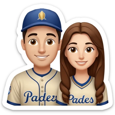 *White* couple smiling. Woman has big cheeks and a lot of freckles on the nose. long brown hair. Man has black and very short hair and prominent eyebrows with egipcian nose. Both are wearing “Los Padres” baseball jearsey sticker