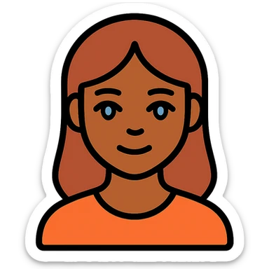 woman with blue-grey eyes, brown hair, brown skin, color outline icon style, black outlines, soft color fills, friendly and approachable look sticker