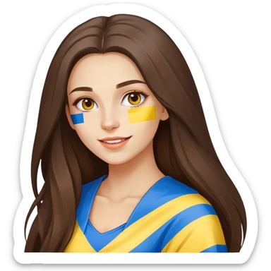 Brunette woman with long hair, Ukrainian flag (blue and yellow) painted on her cheek, happy expression sticker
