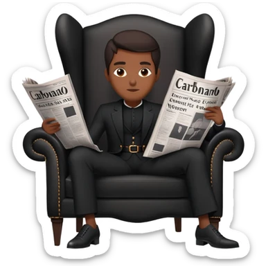  A black person sitting on an elegant chair, dressed in black, holding a large newspaper open in front of their face. The newspaper has the title “Carbonado” in bold letters The background is minimaliste  sticker