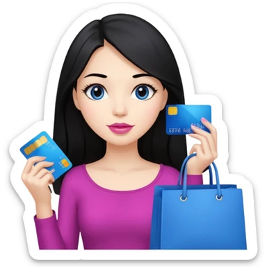 Girl with long black hair, pink lipstick, brown eyes holding shopping bags and blue credit card sticker