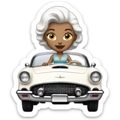 A woman with straight white hair driving a white 1957 Thunderbird sticker