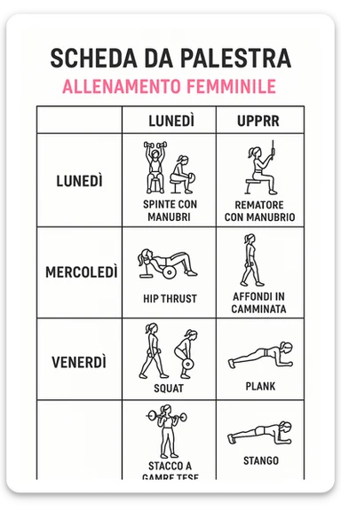 Scheda da palestra su sfondo bianco in italiano specifica per allenamento al femminile sticker
