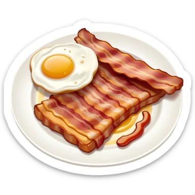 Cinematic crispy sizzling bacon, slightly curled, golden-brown with a perfect crunch, glistening with rich flavor, deep warm tones, served on a breakfast plate, comforting and indulgent. sticker