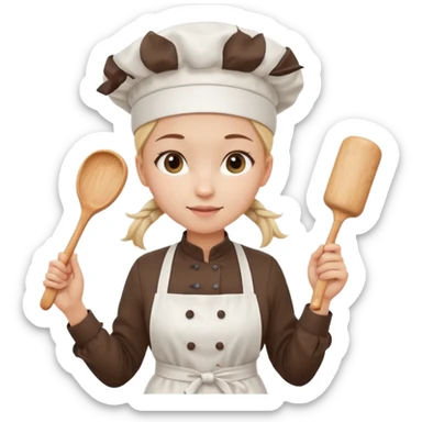 Young female pastry chef - single ponytail, apron, wearing a white hat, holding a rolling pin sticker