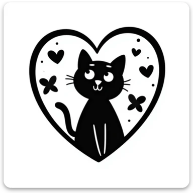 hand drawn cat inside a heart with decorative elements, doodle style sticker