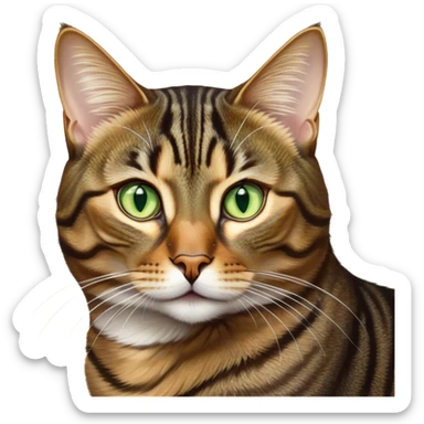Cinematic Noble Brown Tabby Cat Portrait Emoji, Poised and regal, with sleek, well-groomed fur in warm brown tones accented by bold dark tabby stripes, striking almond-shaped golden-green eyes, Simplified yet sharp and sophisticated features, highly detailed, glowing with a soft, dignified glow, high shine, intelligent and graceful, stylized with an air of elegance, focused and attentive, soft glowing outline, capturing the essence of a watchful and refined feline, so majestic it feels as though it could glide across the screen with effortless confidence! sticker