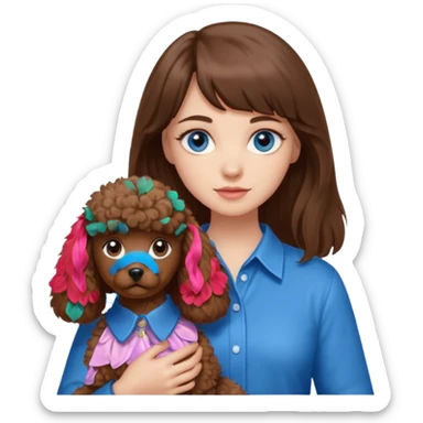 Kobieta z długimi brązowymi włosami, ma grzywkę i niebieskie oczy. Ubrana jest w koszulę. Trzyma na rękach brązowego pudelka. sticker