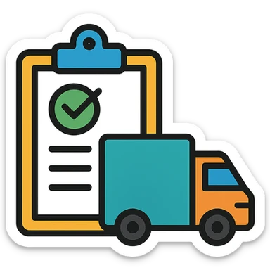 a clipboard with a checkmark and a delivery truck sticker