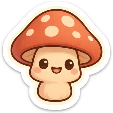 chibi sticker-style mushroom with a smiling face, cute and exaggerated sticker
