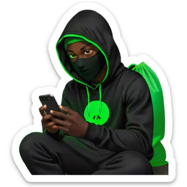 A young man in a black hoodie and balaclava sits at night, engrossed in his smartphone. Behind him, a full moon casts a soft glow, while neon green “HAVEN” blazes against the dark setting. Green and light orange plastic bags surround him. The neon light highlights his face and hands, creating a moody, futuristic atmosphere of mystery and contemplation. sticker