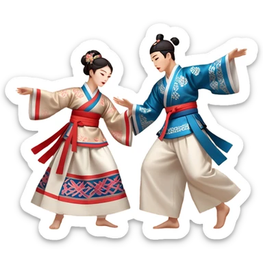 Cinematic Realistic scene of two performers engaging in Ganggangsullae, dressed in traditional Korean costumes with intricate patterns and graceful movements, illuminated by soft, festive lighting that accentuates the cultural ambiance sticker