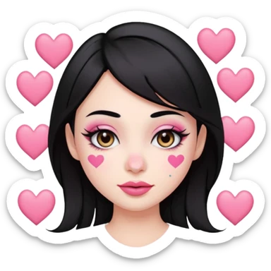 “Emoji girl, pastel pink streaks in black hair hair, bold winged eyeliner, heavy blush on cheeks and nose bridge, under-eye hearts, glossy pink lips, playful smirk.” sticker