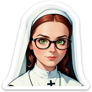 A beautiful nun with Auburn hair, green eyes wearing  glasses . Captions saying no. sticker