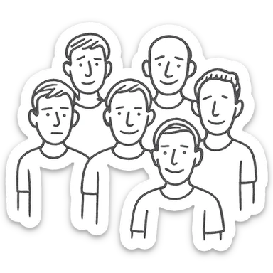 group of 6 men, white skin tone, white shirts, hand-drawn style sticker