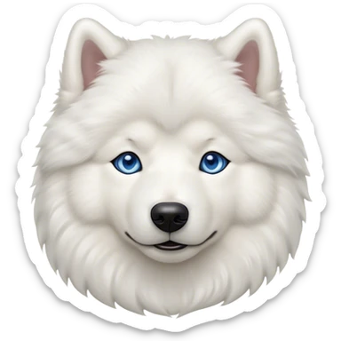 Cinematic Noble Samoyed Portrait Emoji, Poised and regal, with a majestic, sturdy build and a luxuriously fluffy pure white Fur, deep-set soulful blue eyes, Simplified yet sharp and sophisticated features, highly detailed, glowing with a soft, dignified glow, high shine, intelligent and gentle, stylized with an air of elegance, focused and attentive, soft glowing outline, capturing the essence of a watchful and confident companion, so majestic it feels as though it could bound out of the screen with effortless authority! sticker