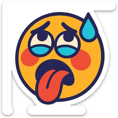 blushing face, eyes rolled up, tongue out, sweat drop on forehead, vibrant toon style sticker