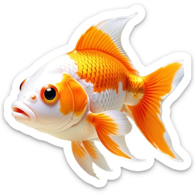 Cinematic Noble Orange and White Goldfish Portrait Emoji, Poised and regal, with a sleek, streamlined build and a vibrant body featuring a harmonious blend of orange and white hues, deep-set soulful golden eyes, Simplified yet sharp and sophisticated features, highly detailed, glowing with a soft, dignified glow, high shine, intelligent and graceful, stylized with an air of aquatic artistry, focused and attentive, soft glowing outline, capturing the essence of a watchful and confident aquatic companion, so majestic it feels as though it could glide out of the screen with effortless authority! sticker