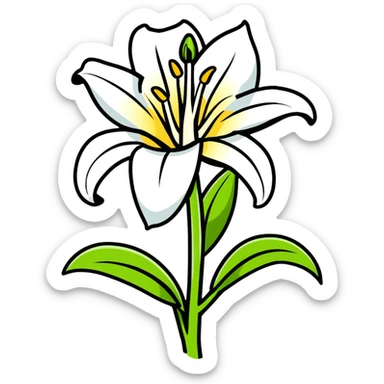 elegant white lily with six distinct petals, one unopened bud, and leafy stem sticker