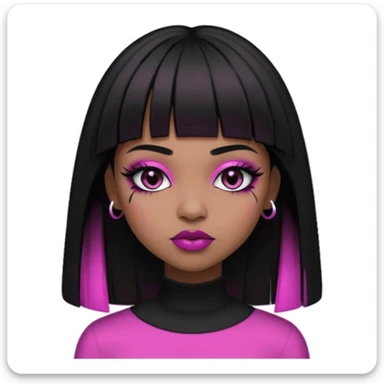 brown skin, straight hair with the ends curved upwards, bangs above the eyebrow, dark brown eyes, girl, half gothic and pink style   sticker