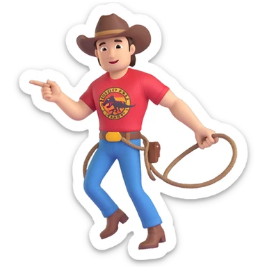 cowboy with Jurassic Park t-shirt holding a lasso, hat tilted, shirt logo clear, playful style sticker