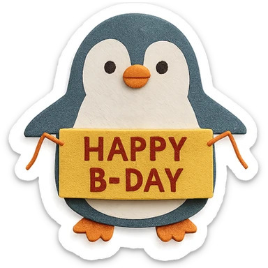 penguin holding a "Happy B-Day" banner, paper-craft style sticker