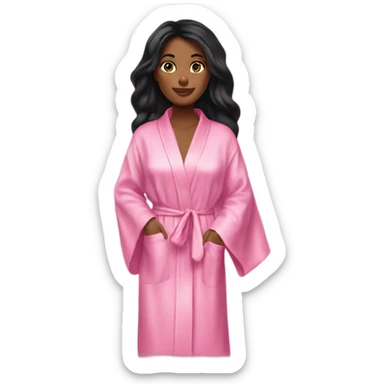 Tanned woman with long black hair wearing a silk pink Victoria’s Secret robe sticker