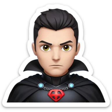 dark sci-fi villain portrait, head and shoulders only, black armor, cape collar, intense eyes, dramatic lighting, 3D cartoon, mobile game icon, clean background, no text
 sticker
