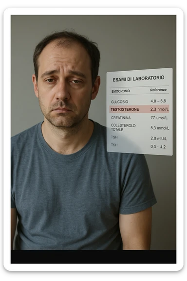 Un uomo caucasico di 35-45 anni, in CGI fotorealistico, che mostra i segni fisici ed emotivi di un basso livello di testosterone. aggiungere un referto medico semi-trasparente fluttuante accanto a lui, con valori di testosterone evidenziati in rosso. in italiano sticker