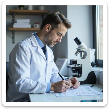 realistic doctor noting fecal analysis results on a form, microscope and slides on table, modern laboratory sticker