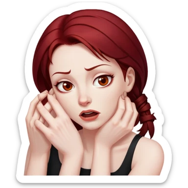 Woman with dark red hair and brown eyes strangling herself sticker