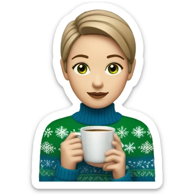 Light brown short haired girl with green eyes drinking coffee wearing blue Christmas sweater sticker
