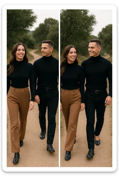 a man and a woman walk together along a winding path in a natural landscape. In one version, the woman leads confidently while the man follows a few steps behind, looking at lei con ammirazione. In un’altra versione, i ruoli sono invertiti, con l’uomo che guida e la donna che lo segue sorridendo. La scena trasmette l’idea che entrambi possano guidare o seguire, a seconda del momento. sticker