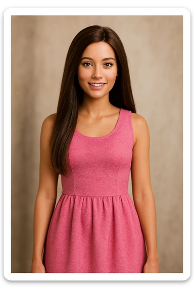 Barbie doll with long straight brown hair, pink dress, smiling, standing pose sticker